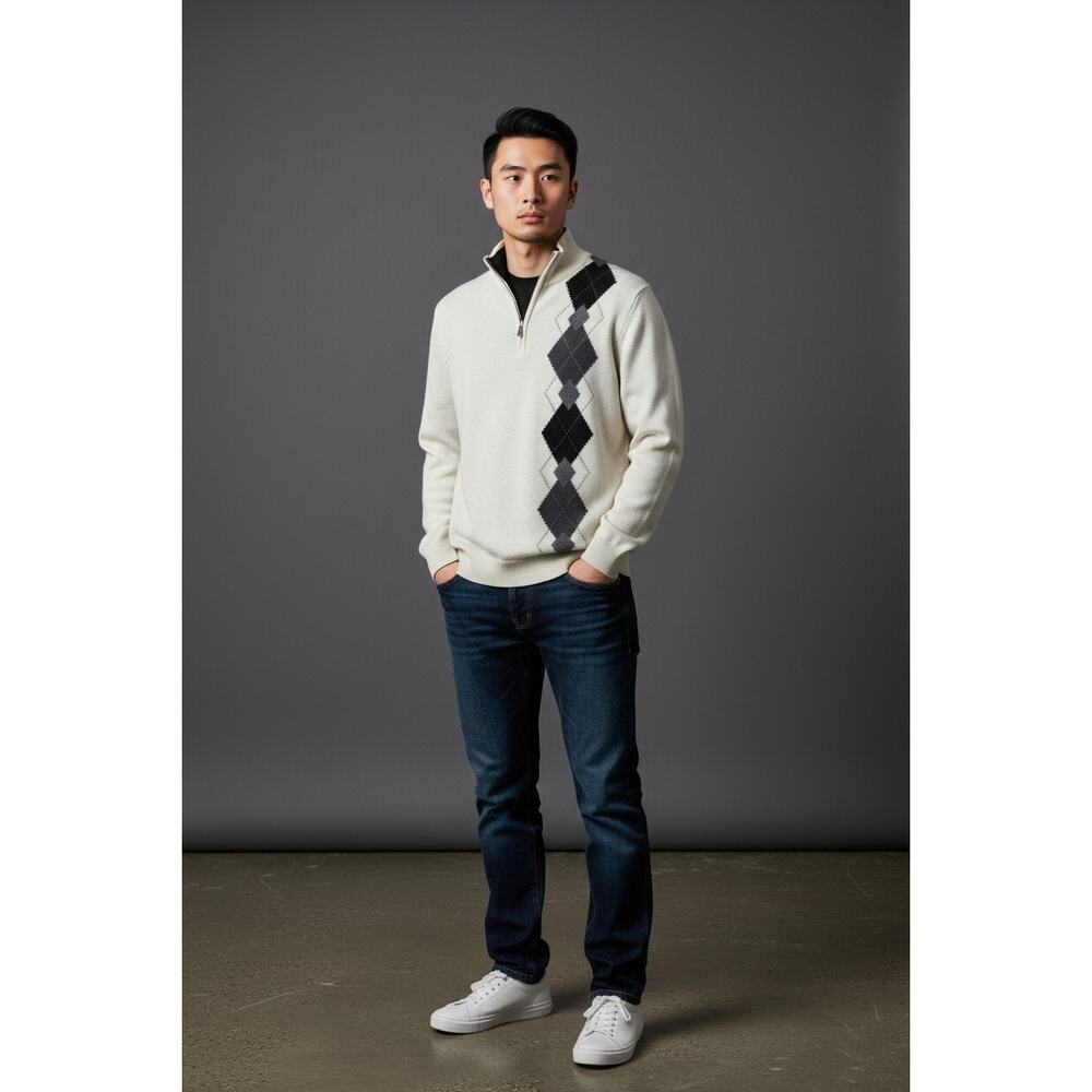 Oscar de la Renta Men’s XL Ivory Argyle 1/4 Zip Sweater 100% Cotton